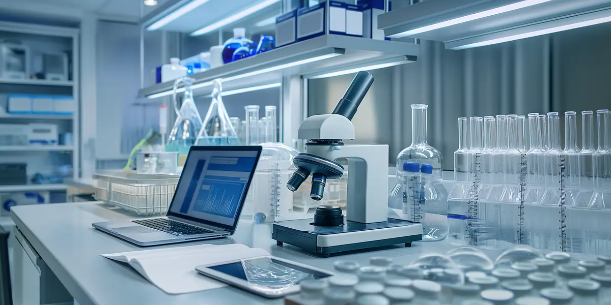 A laboratory bench with a microscope, glassware, and a computer