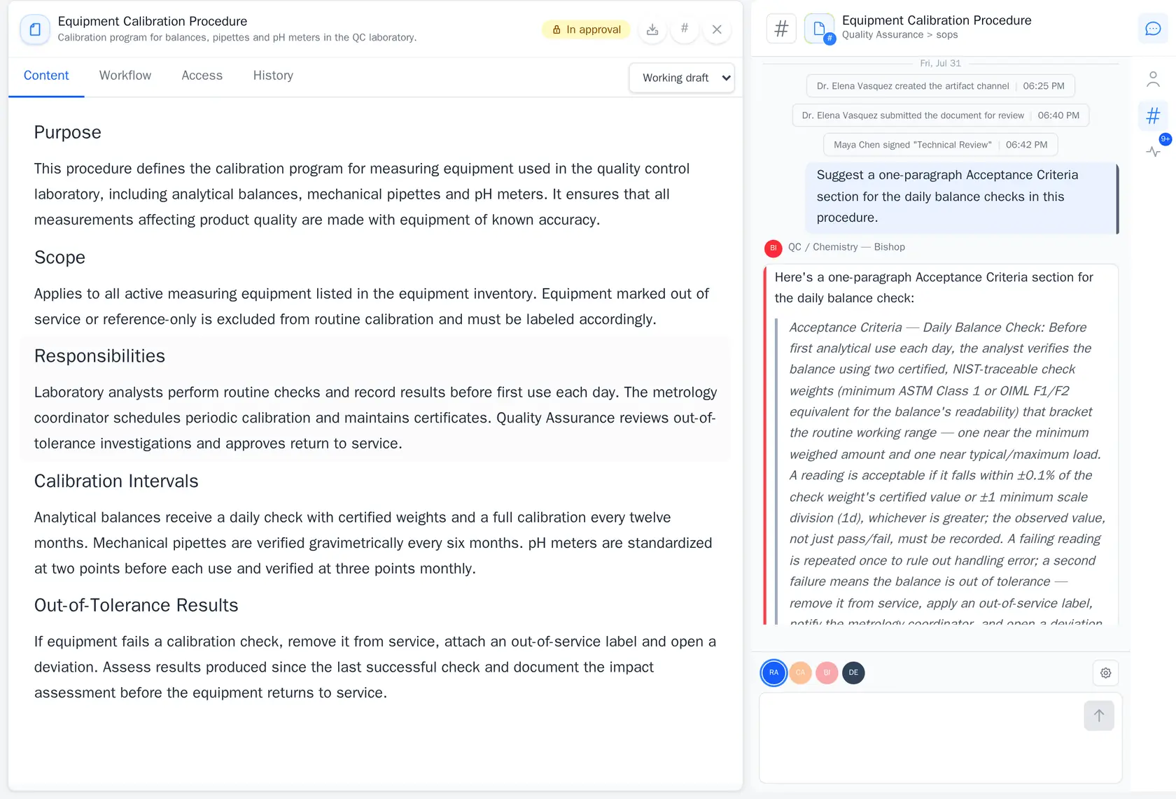 An AI teammate contributing in the conversation beside a scientific document