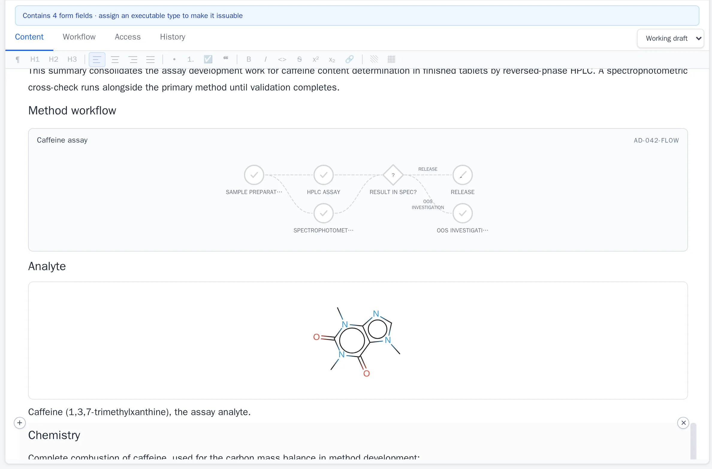A SIMS document rendering a process diagram, a molecule structure, and calculated fields