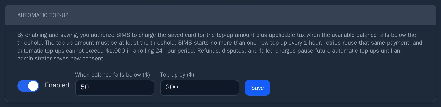 Automatic top-up settings with a threshold and an amount