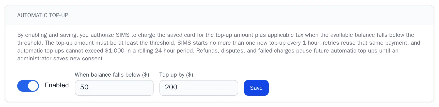 Automatic top-up settings with a threshold and an amount