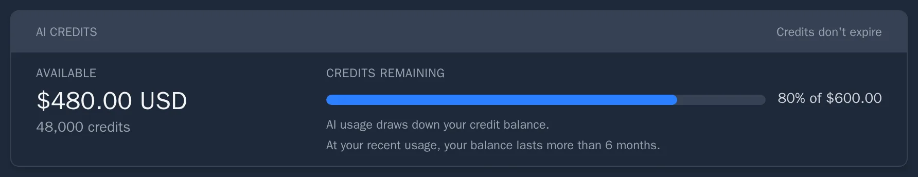 The AI credits card with a balance gauge and estimated runway
