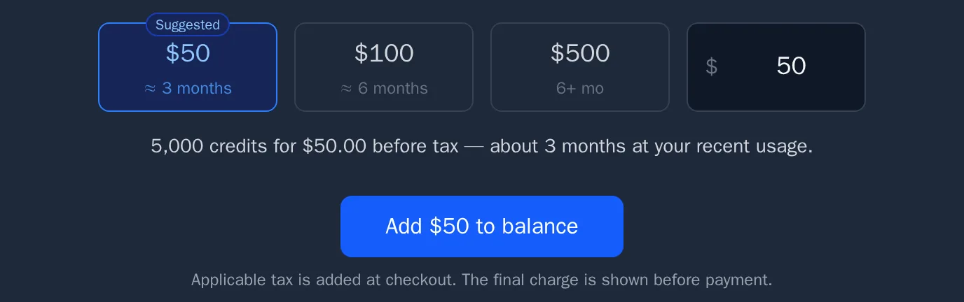 The top-up form with preset amounts