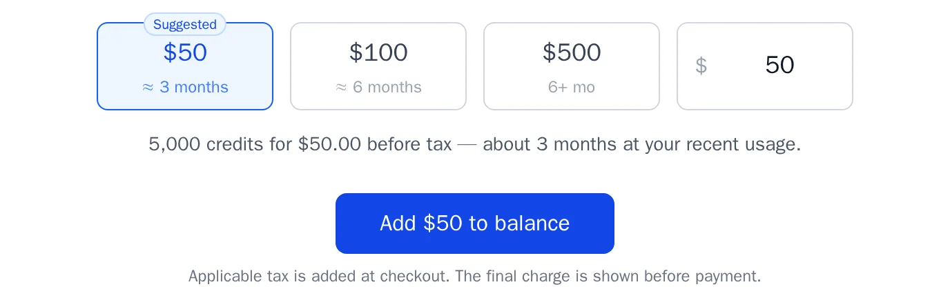 The top-up form with preset amounts