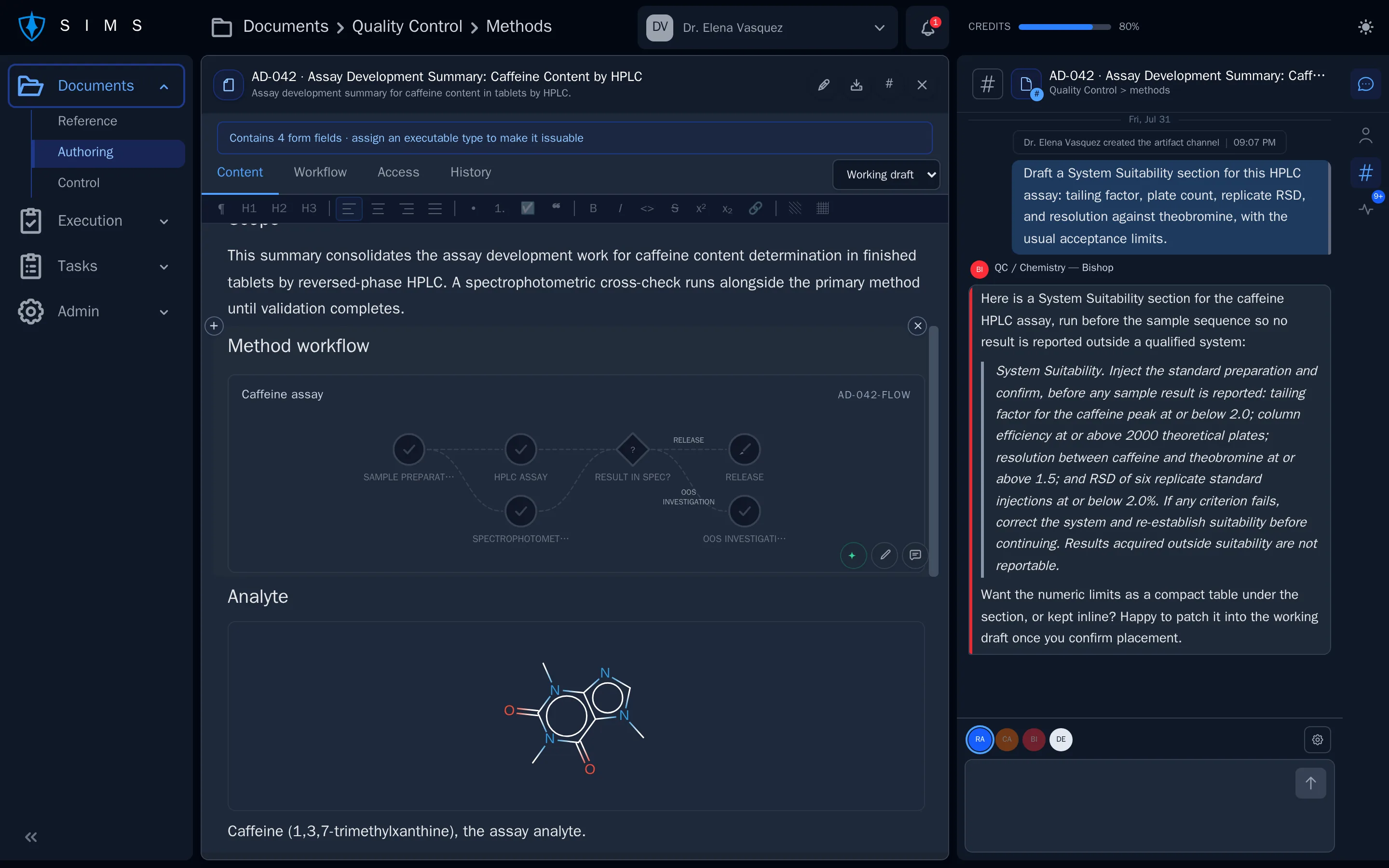 A SIMS document showing a process diagram and a chemical structure, with an AI bot working in a panel beside it