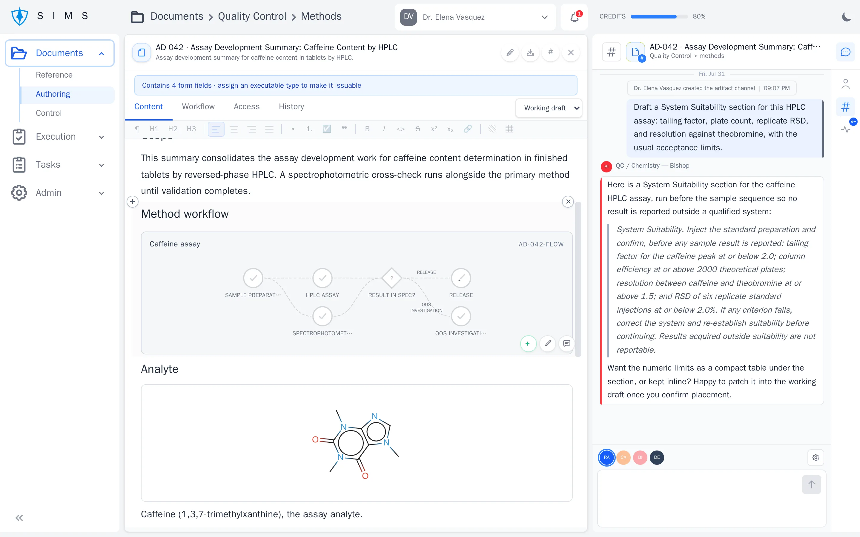 A SIMS document showing a process diagram and a chemical structure, with an AI bot working in a panel beside it