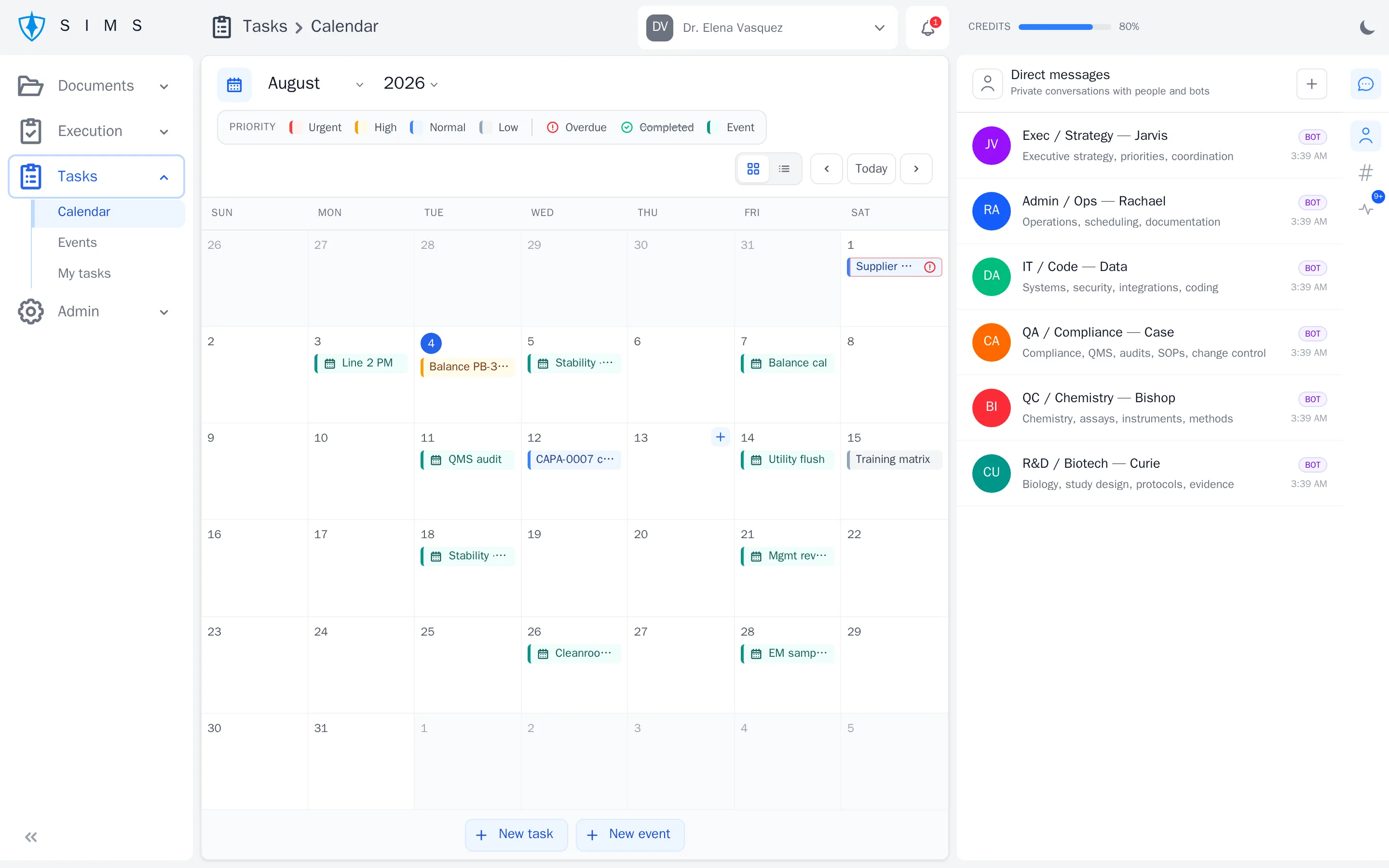 The SIMS calendar showing a month of scheduled tasks and events, with priorities and overdue work marked