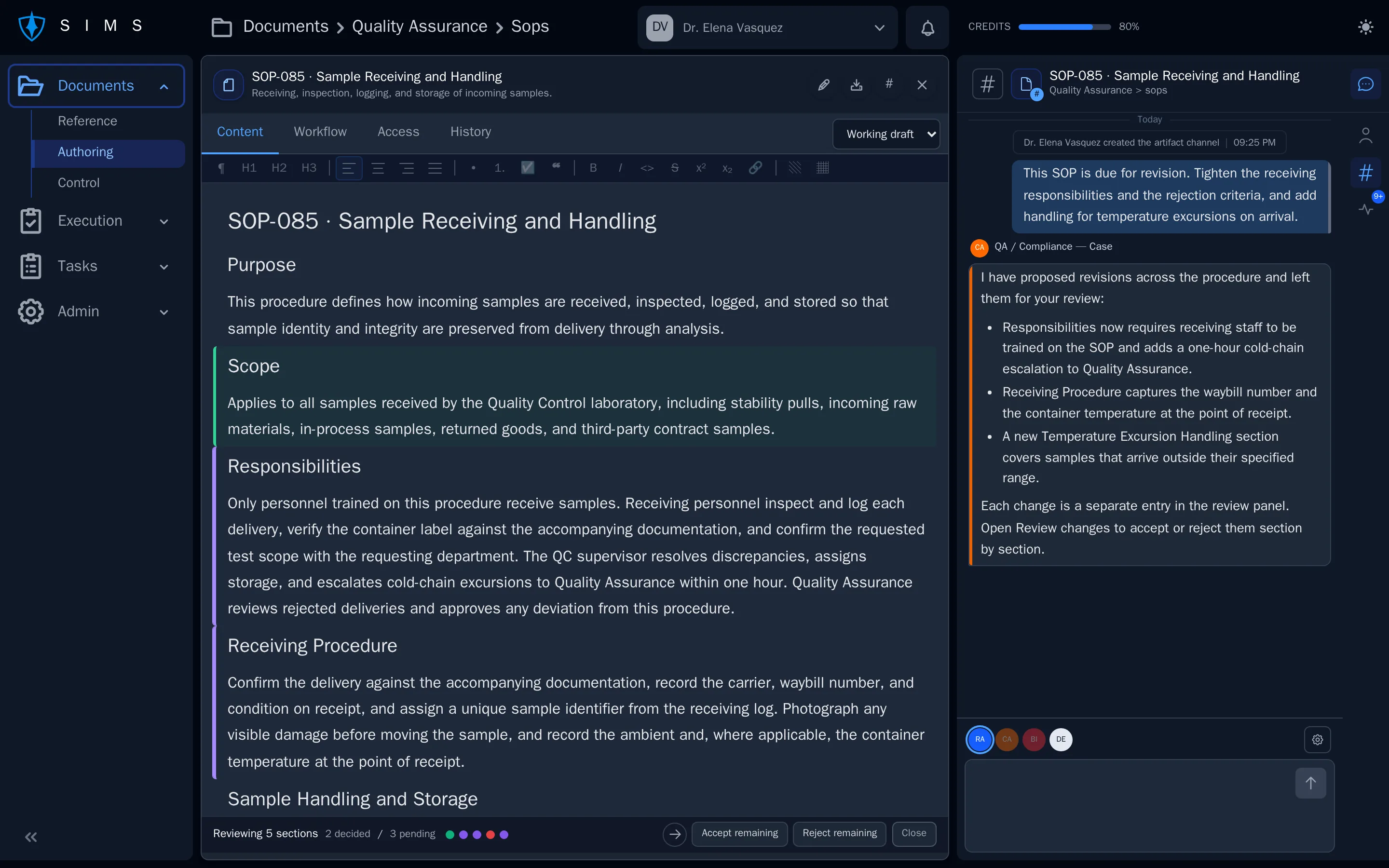 A SIMS review screen: each suggested edit with accept and reject controls, and how much of the review is done
