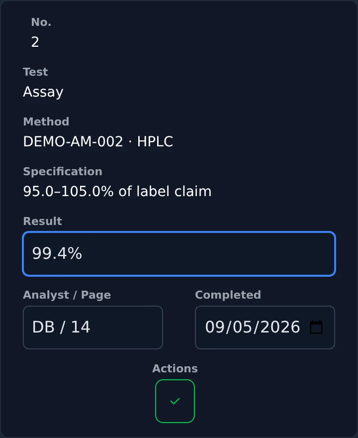 Laboratory results in a SIMS work order for a demonstration batch.