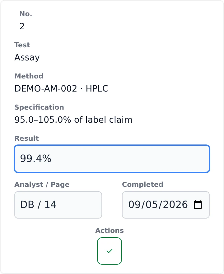 Laboratory results in a SIMS work order for a demonstration batch.