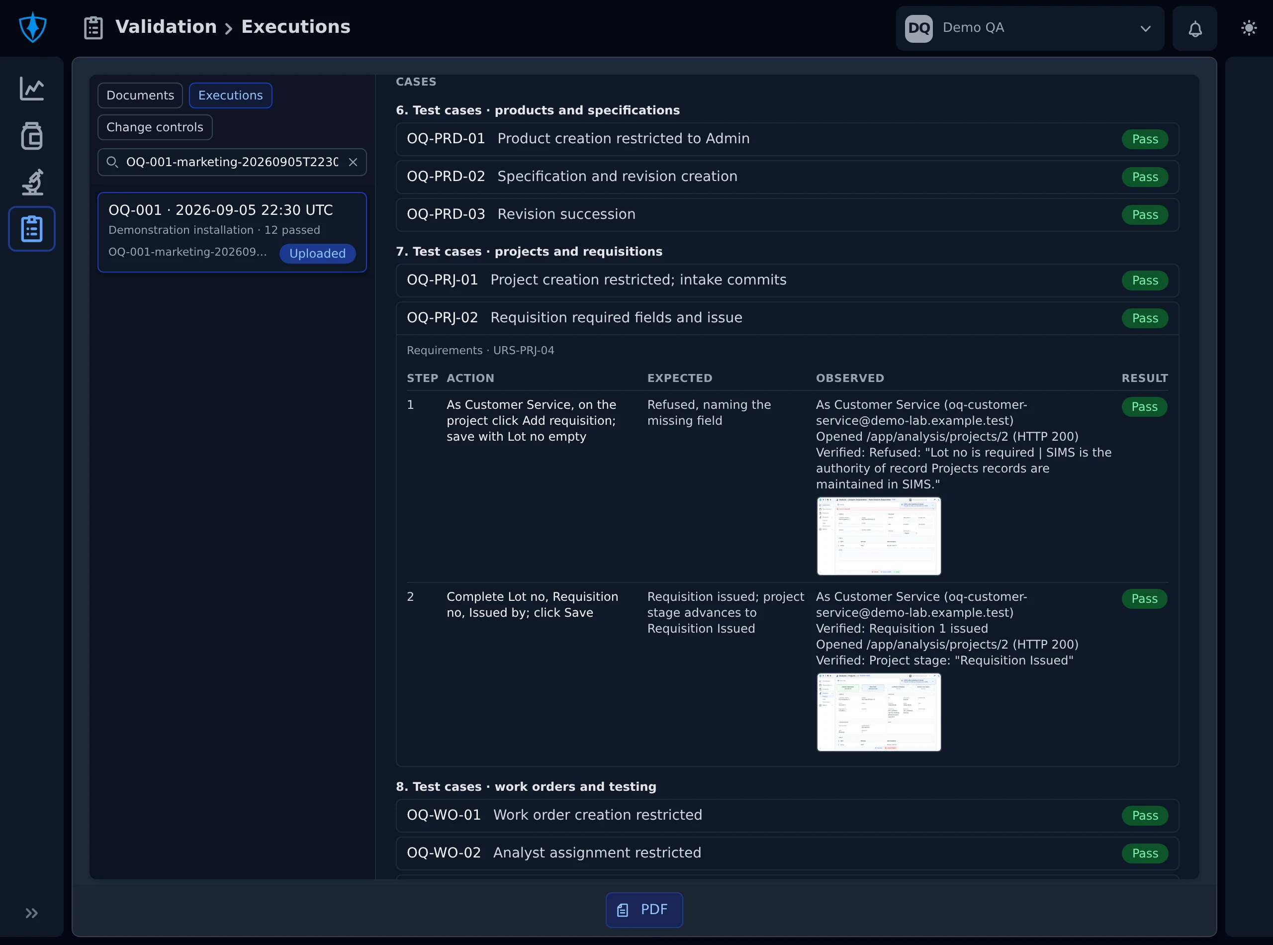 A qualification execution record in SIMS, showing test scenarios and recorded outcomes using fictional laboratory records.