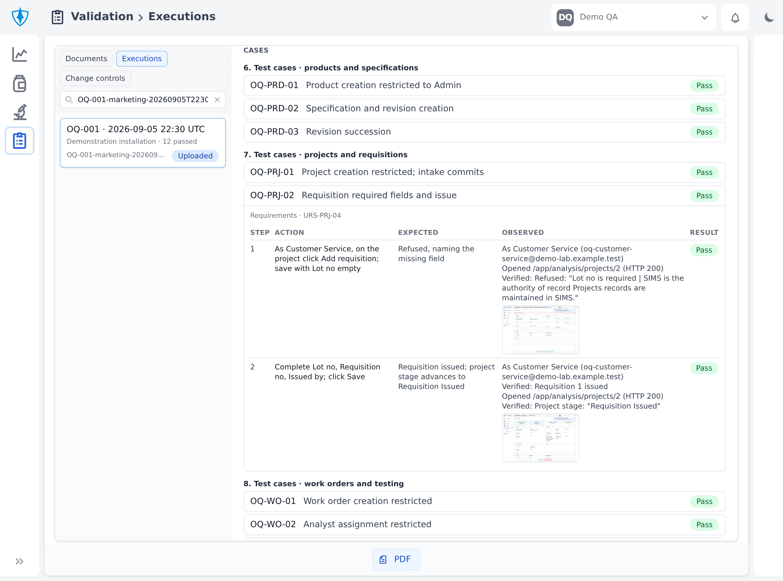 A qualification execution record in SIMS, showing test scenarios and recorded outcomes using fictional laboratory records.