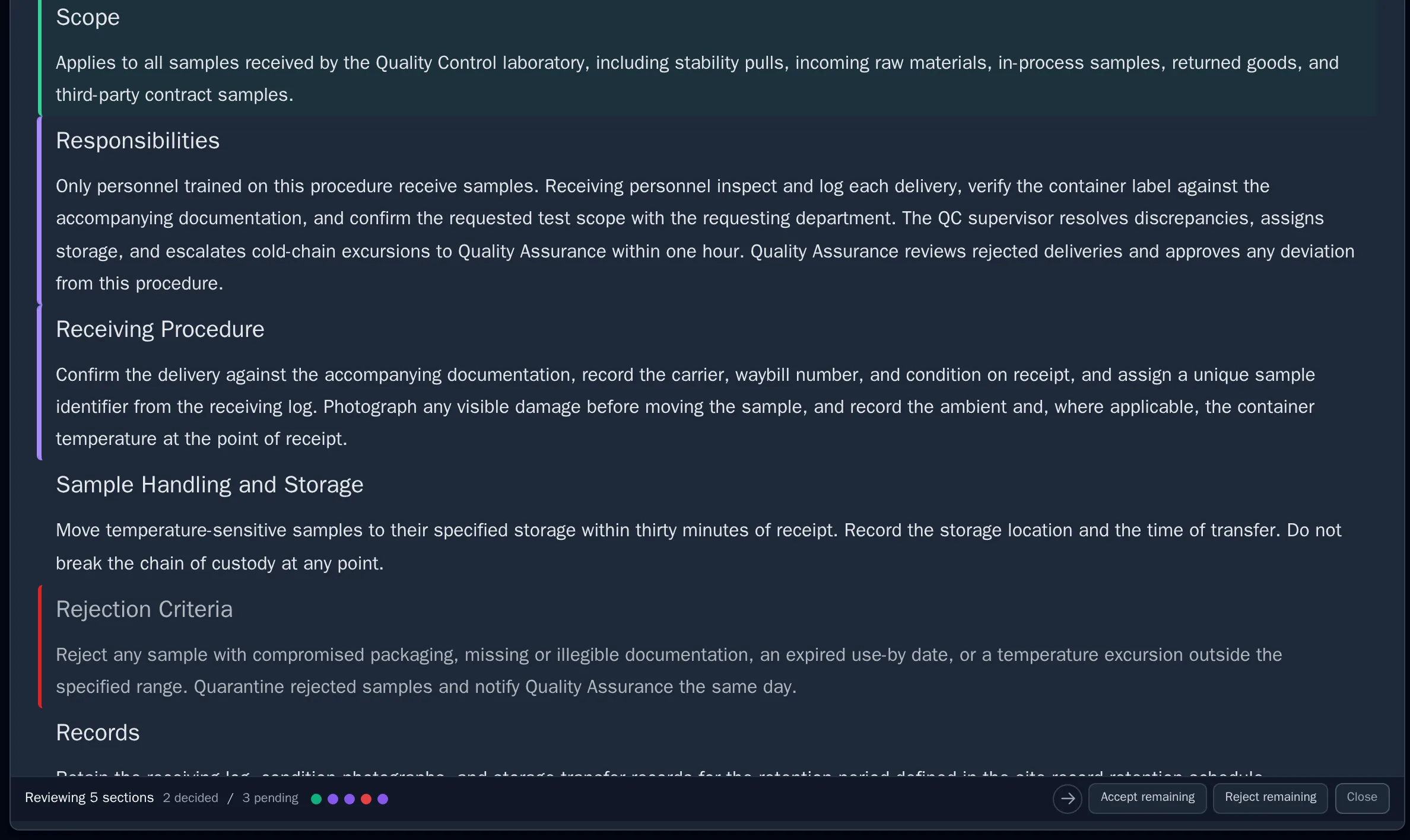 The SIMS review surface: proposed sections with accept and reject decisions and review progress