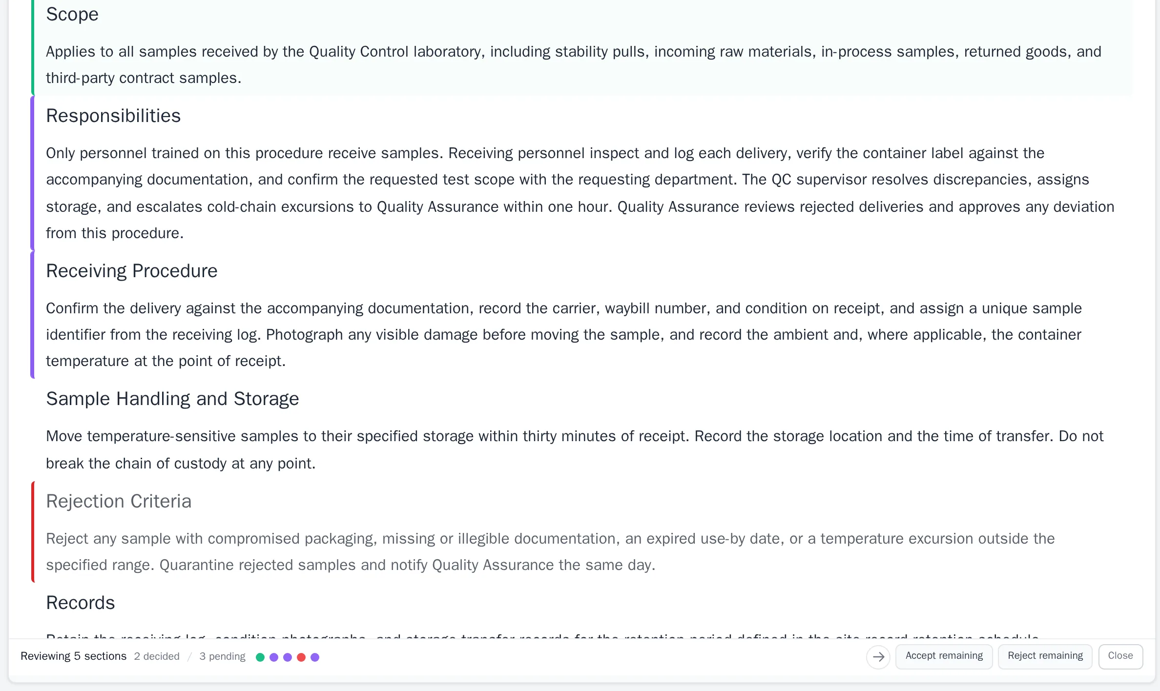 The SIMS review surface: proposed sections with accept and reject decisions and review progress
