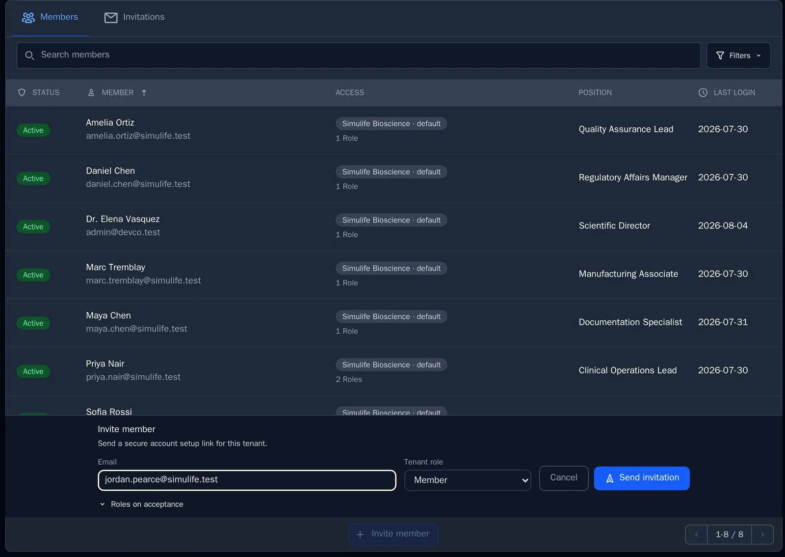 The SIMS member roster with an invitation being prepared